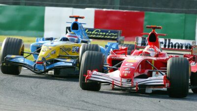 Fernando Alonso chases down Michael Schumacher in the 2005 Japanese Grand Prix at Suzuka