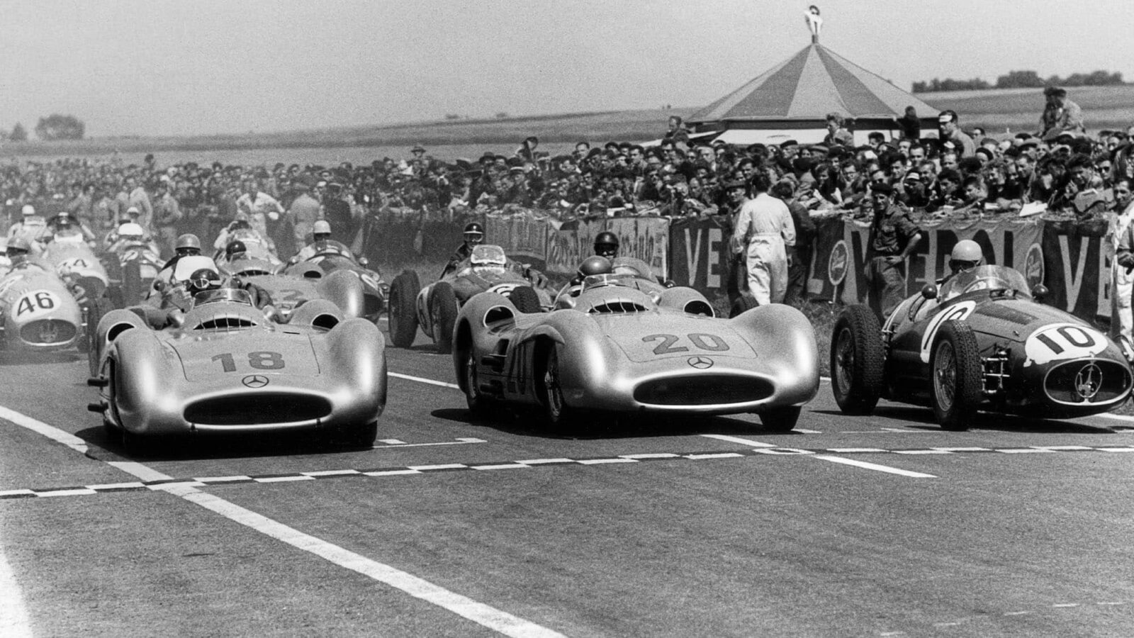 Juan Manuel Fangio, Karl Kling, Alberto Ascari, Mercedes W196, Grand Prix of France, Reims, 04 July 1954. (Photo by Bernard Cahier/Getty Images)