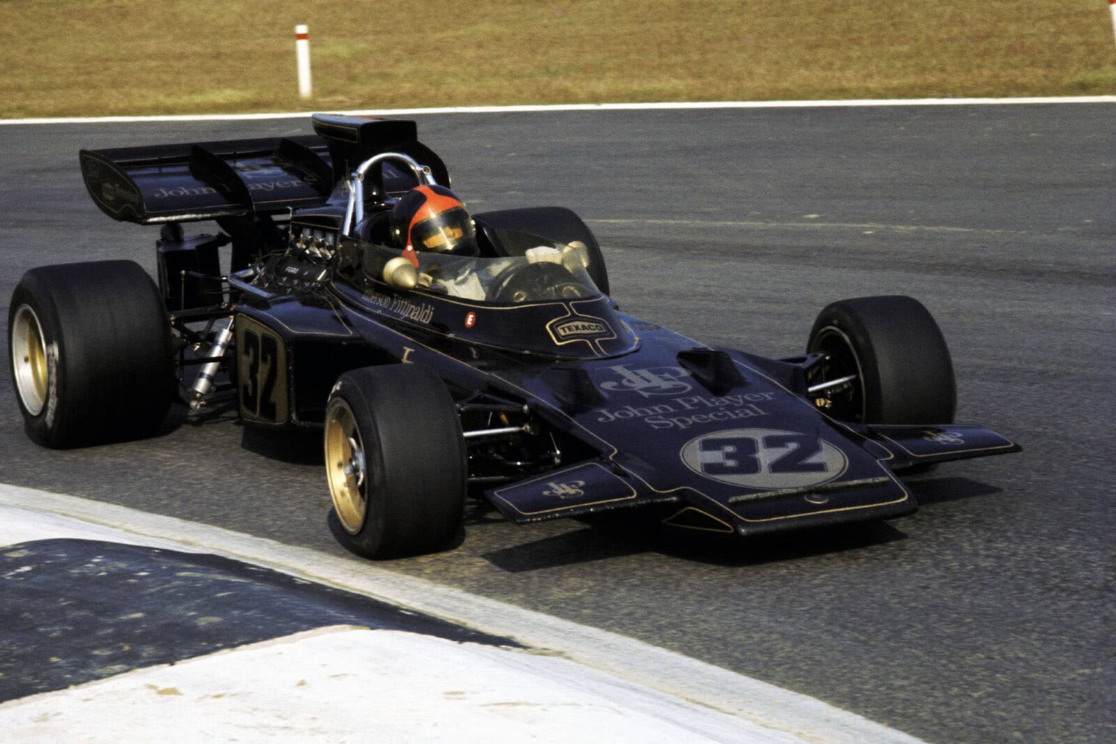 Lotus' Emerson Fittipaldi on his way to victory at the 1972 Belgian Grand Prix.
