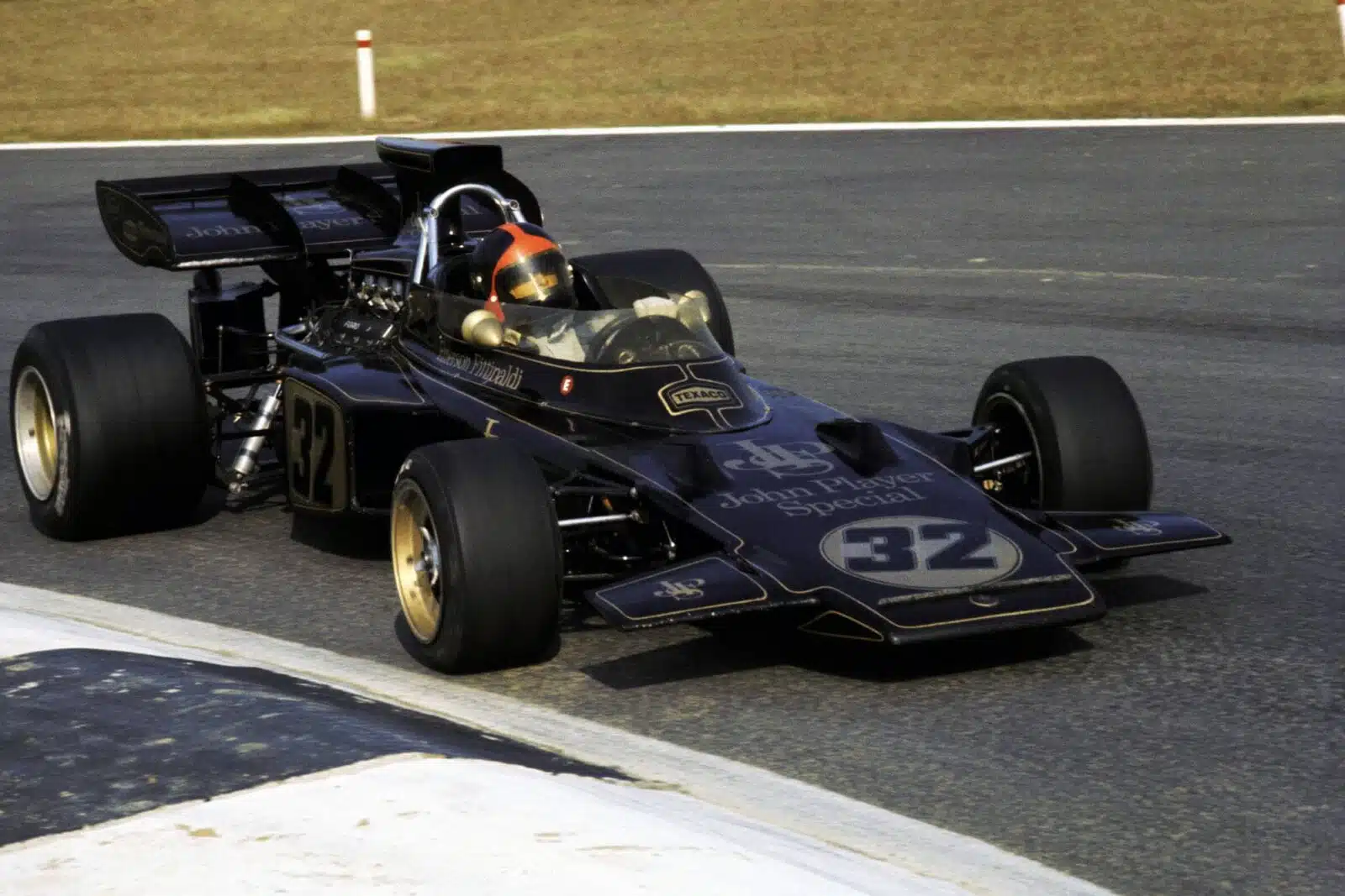 Lotus' Emerson Fittipaldi on his way to victory at the 1972 Belgian Grand Prix.