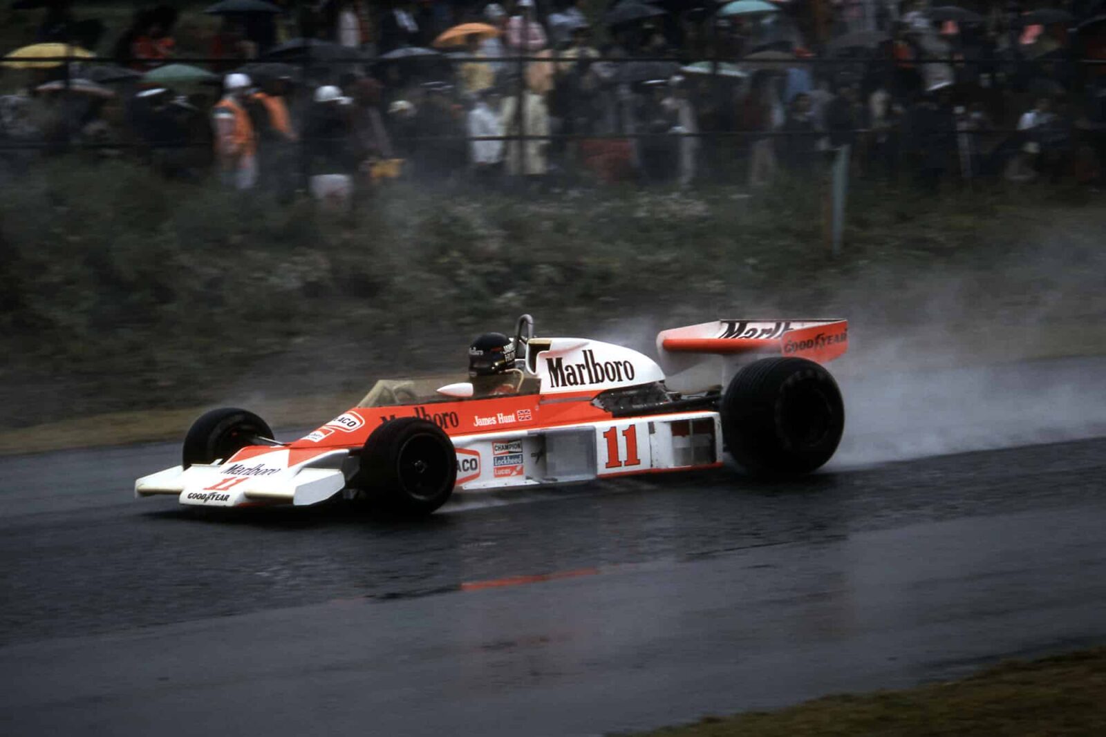 James Hunt driving his McLaren in wet conditions at the 1976 Japanese Grand Prix, Fuji.