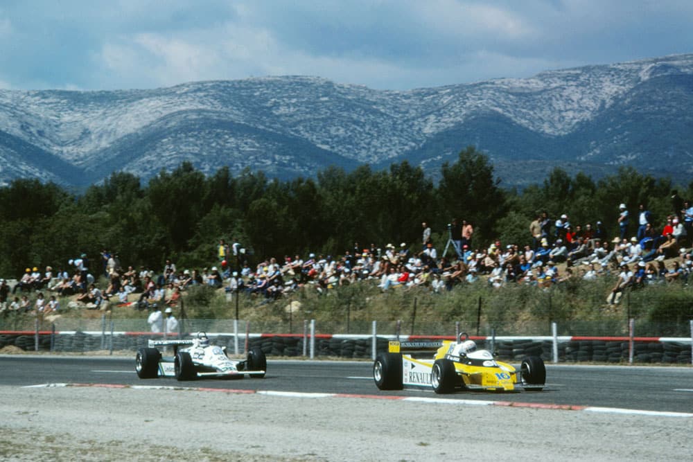 Rene Arnoux in a Renault RE24 ended the race with a bleeding lip after biting it during his hard fought battle with Carlos Reutemann in his Williams FW07B.
