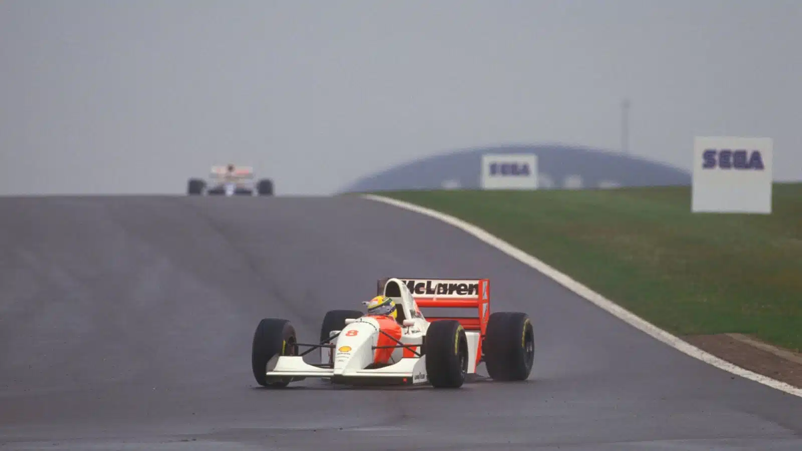 Ayrton Senna leads Alain Prost in the 1993 European Grand Prix at Donington