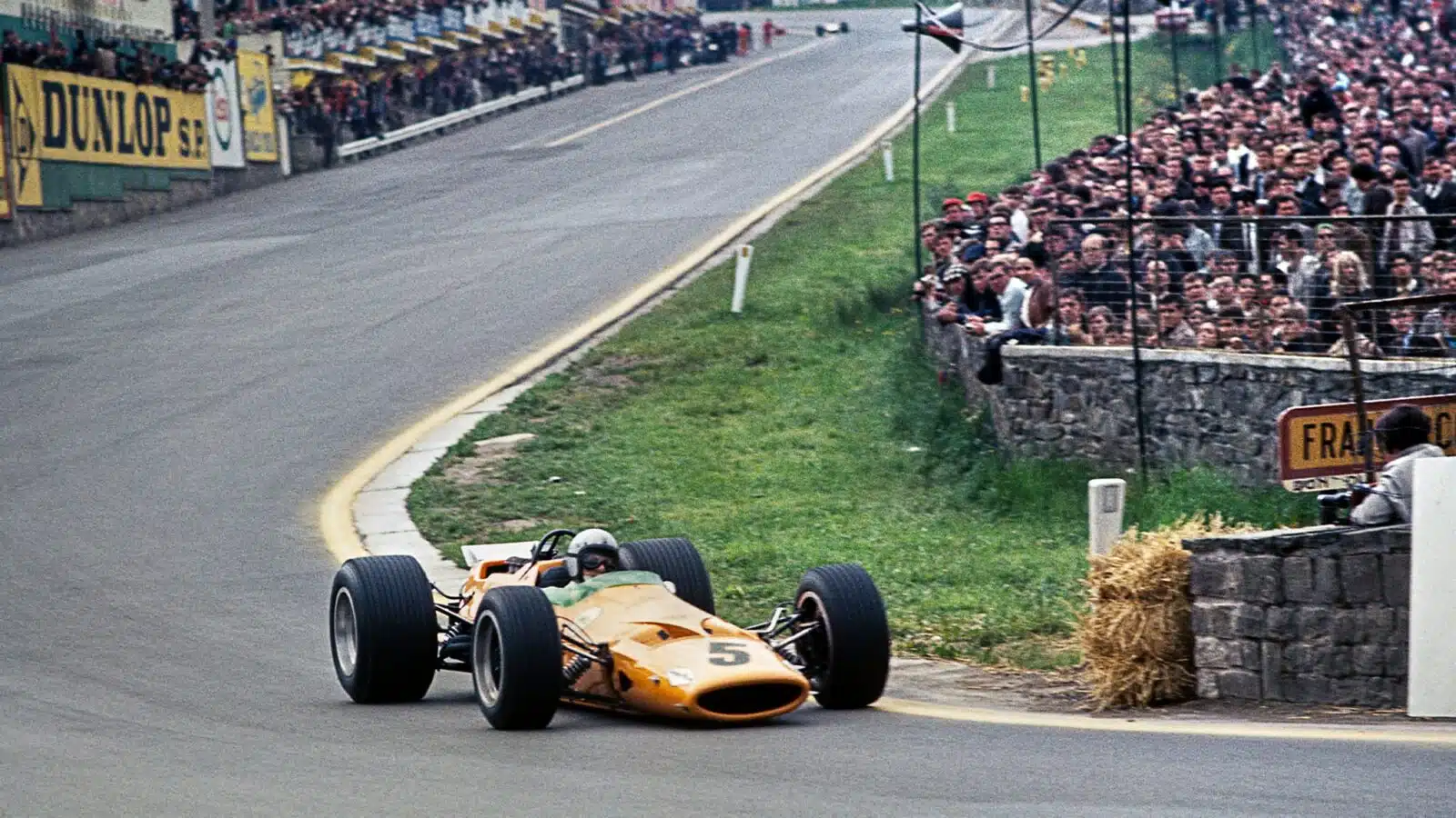 Bruce McLaren at eau Rouge during the 1968 Belgian Grand prix