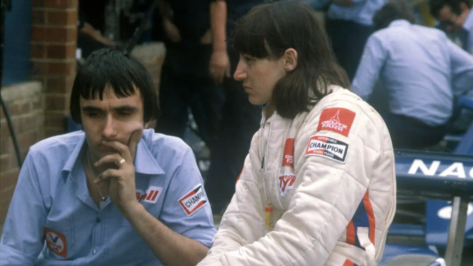 Desire Wilson in the Tyrrell-Ford pits during practice for the 1981 South African Grand Prix at Kyalami. Photo- Grand Prix Photo