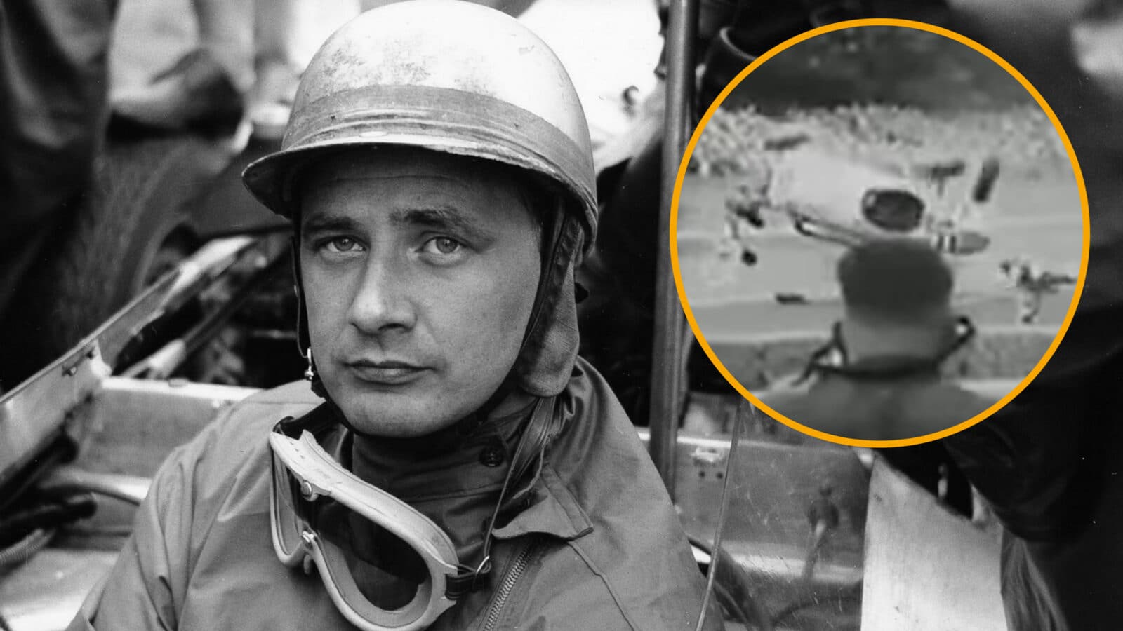 Hans Herrmann in 1961 and inset lying on the Avus circuit as his BRM cartwheels through the air