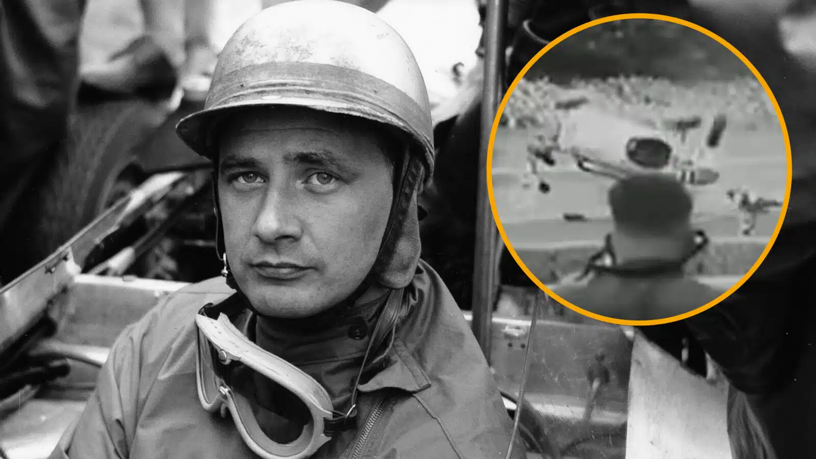 Hans Herrmann in 1961 and inset lying on the Avus circuit as his BRM cartwheels through the air