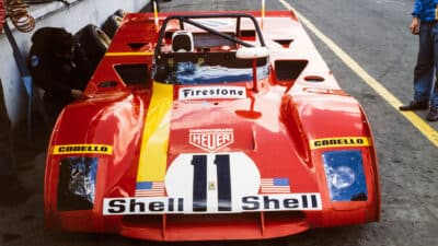 Jacky Ickx : Mario Andretti, Ferrari SpA SEFAC, Ferrari 312 PB in the pit lane during the Brands Hatch 1000 kms at Brands Hatch on April 16, 1972 in Brands Hatch, United Kingdom.