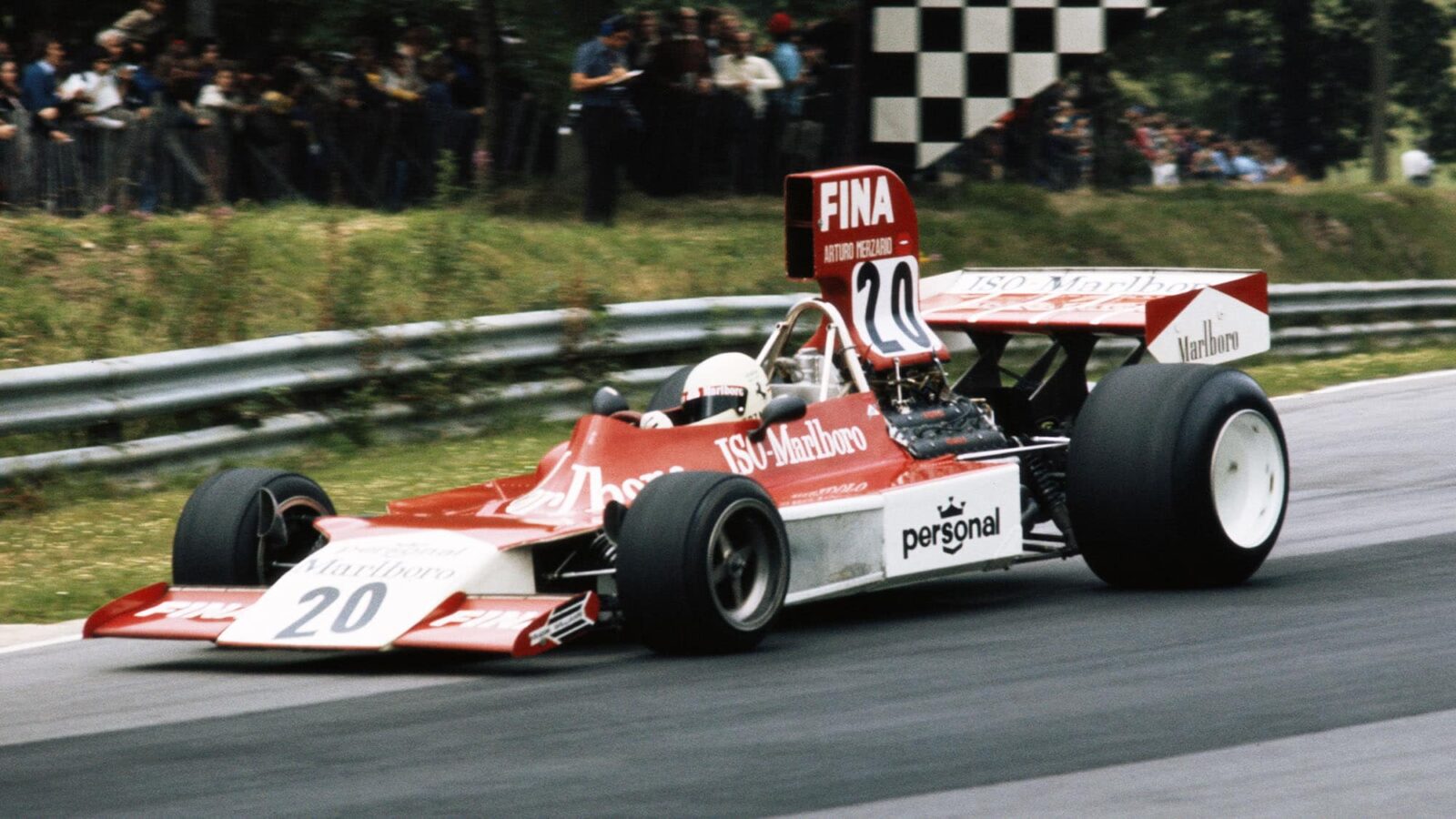 Arturo Merzario drives the #20 Frank Williams Racing Cars Marlboro Iso Ford FW during the British Grand Prix on 20 July 1974 at the Brands Hatch circuit in Fawkham, Great Britain. (Photo by Getty Images)