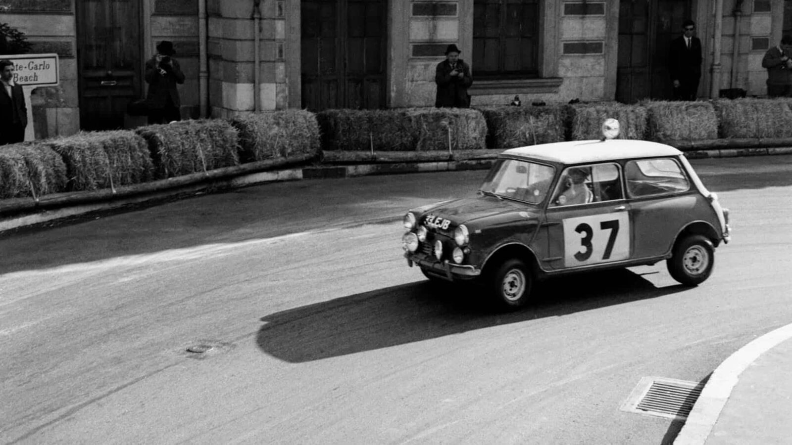 Mini of Paddy Hopkirk drives through Monaco on the 1964 Monte Carlo Rally