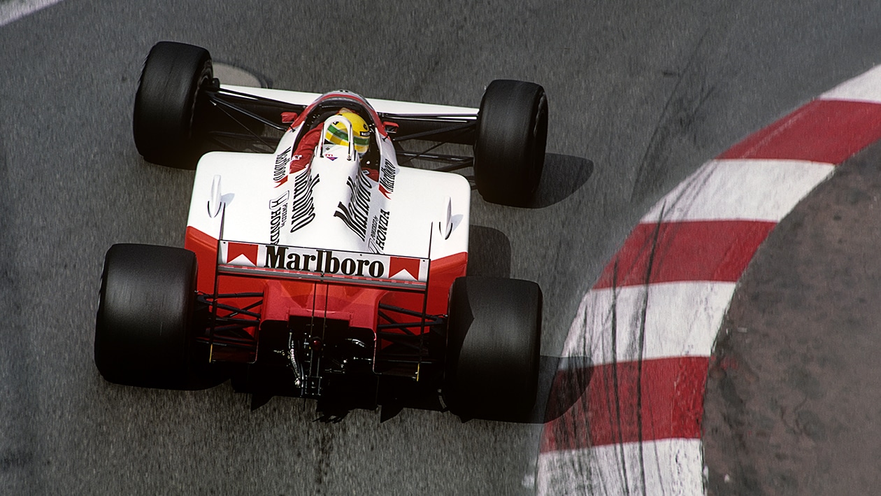 Overhead view of Ayrton Senna cornering during 1988 F1 Monaco Grand Prix