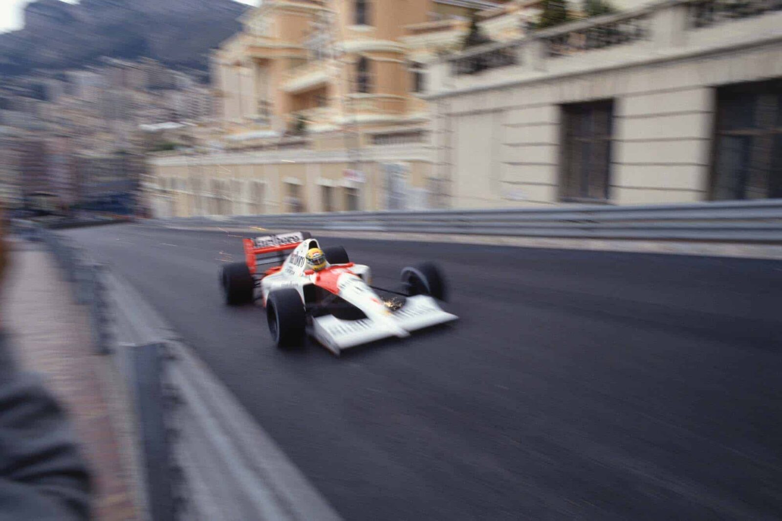 Ayrton Senna screams up from Beau Rivage into Massenet in his McLaren-Honda