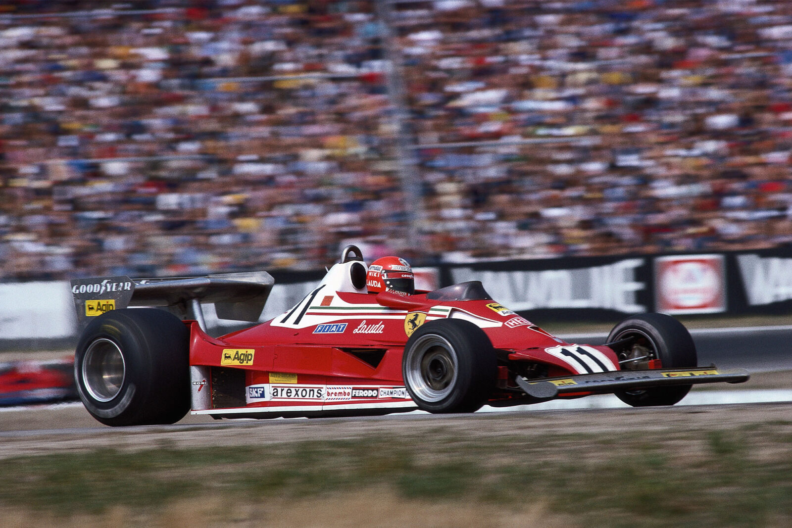 Ferrai's Niki Lauda driving at the 1977 German Grand Prix, Hockenheim.