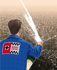 Graphic showing Dan Gurney spraying champagne into the crowd at 1967 Le Mans 24 Hours