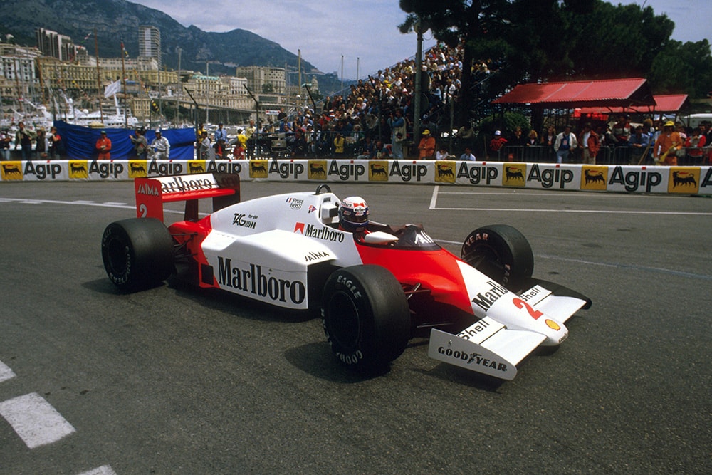 Alain Prost in his McLaren MP4/2B TAG Porsche.