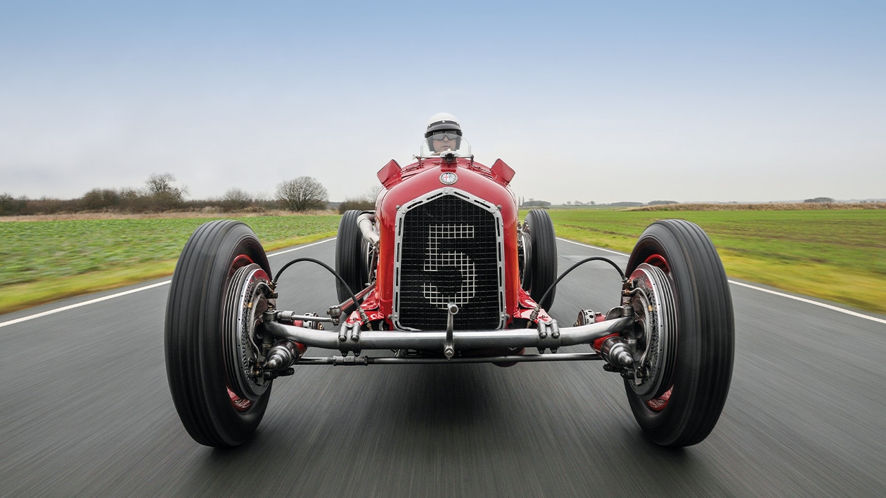 Front view of Alfa Romeo Tipo B on track