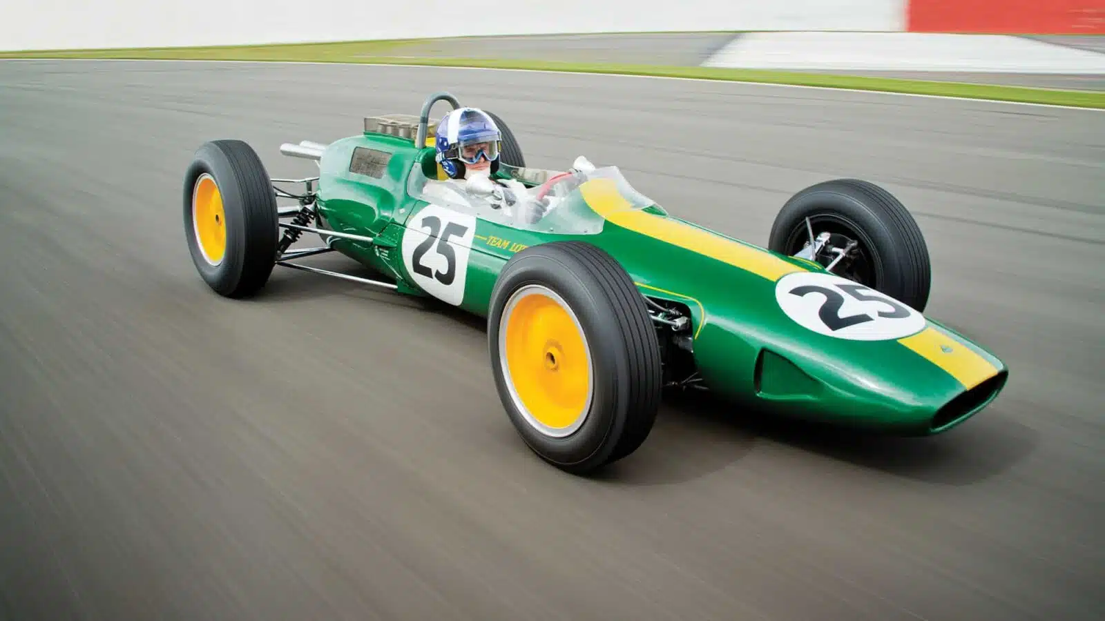 David Coulthard driving Jim Clark's Lotus 25 at Silverstone