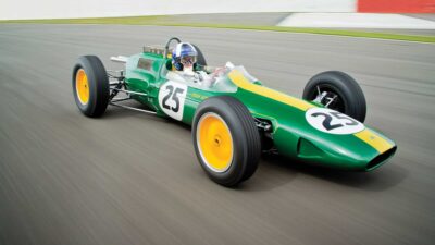 David Coulthard driving Jim Clark's Lotus 25 at Silverstone