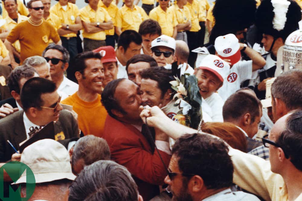 Mario Andretti celebrates his Indy 500 win