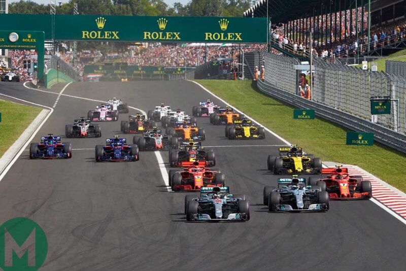 Lewis Hamilton leads in his Mercedes at the start of the 2018 Hungarian Grand Prix