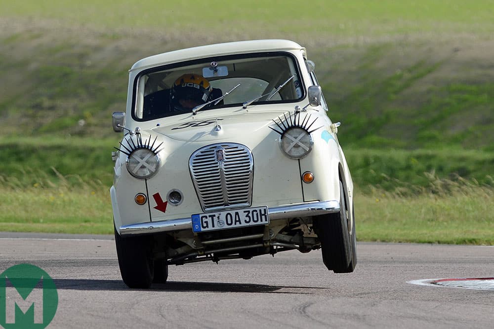 Austin A35 on three wheels at the 2019 Thruxton Classic