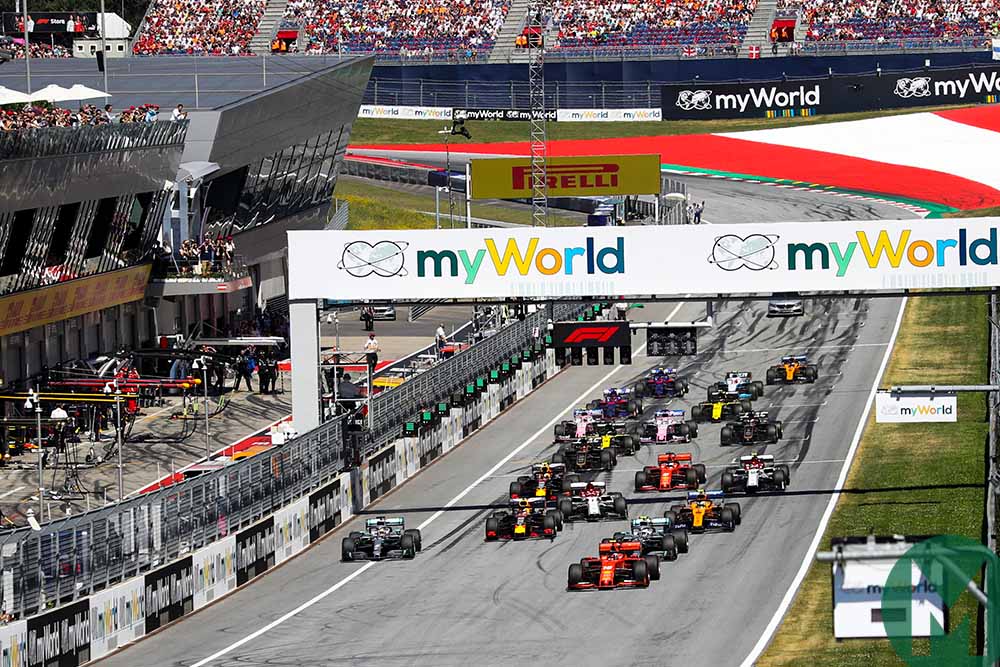 Charles Leclerc leads away from the start of the 2019 Austrian Grand Prix