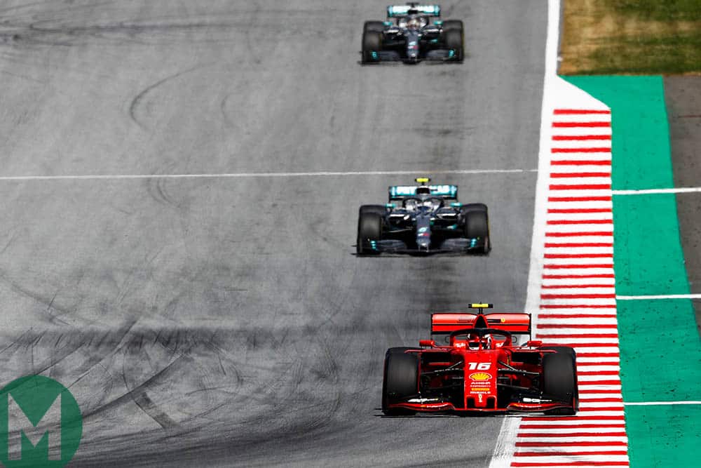 Charles Leclerc leads from Valtteri Bottas and Lewis Hamilton at the start of the 2019 Austrian Grand Prix