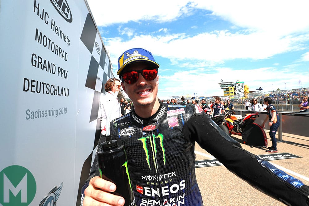 Maverick Viñales celebrates after the Sachsenring race