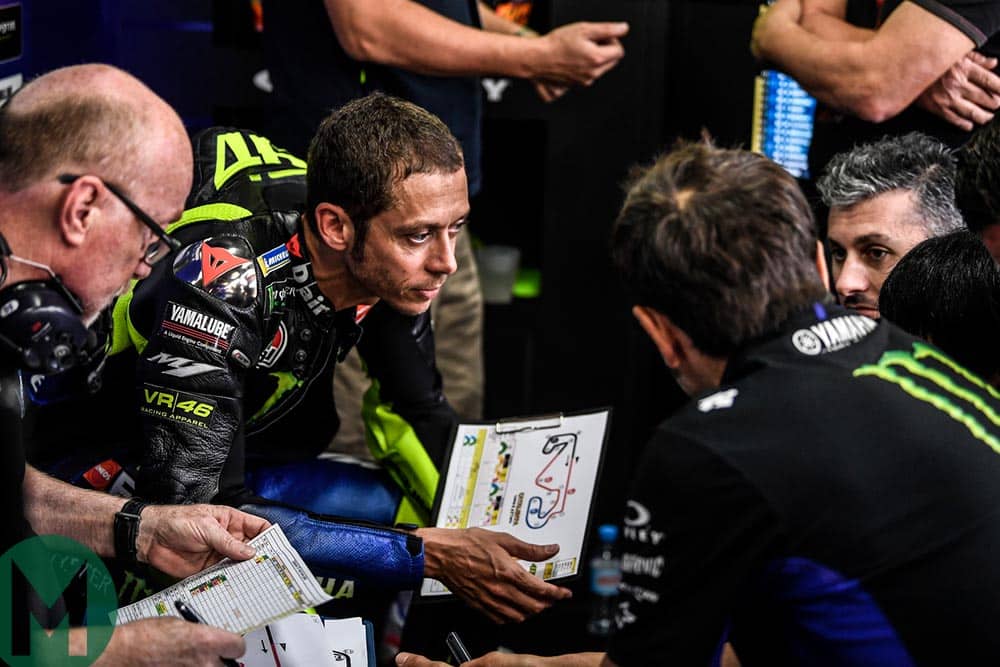 Valentino Rossi in a Yamaha team debrief