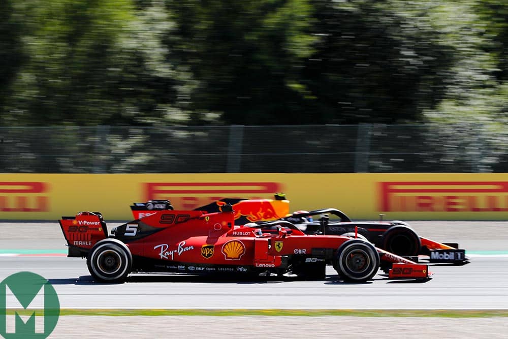 Max Verstappen overtakes Sebastian Vettel at the 2019 Austrian Grand Prix