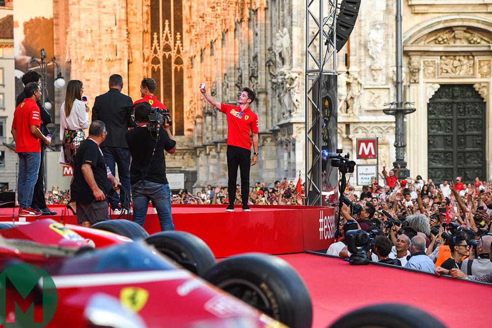 Charles Leclerc takes a selfie in front of a huge Milan crowd to celebrate Ferrari's 90th birthday ahead of the 2019 Italian Grand Prix