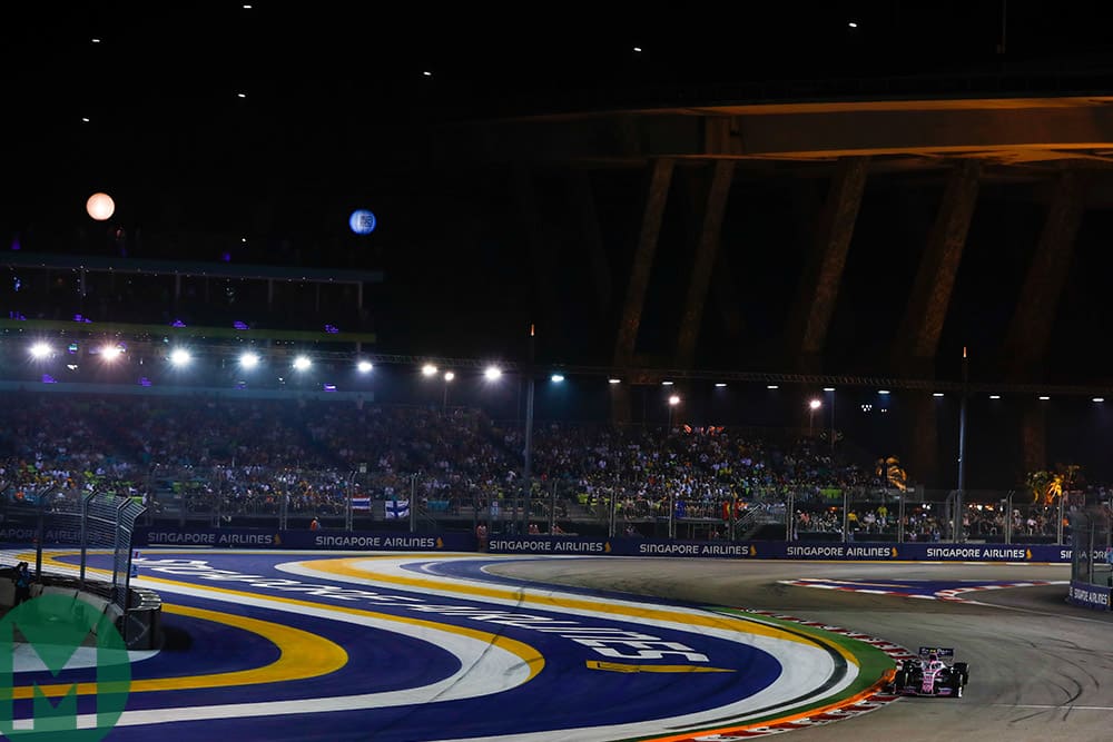 Lance Stroll with an empty track behind him at the 2019 F1 Singapore Grand Prix