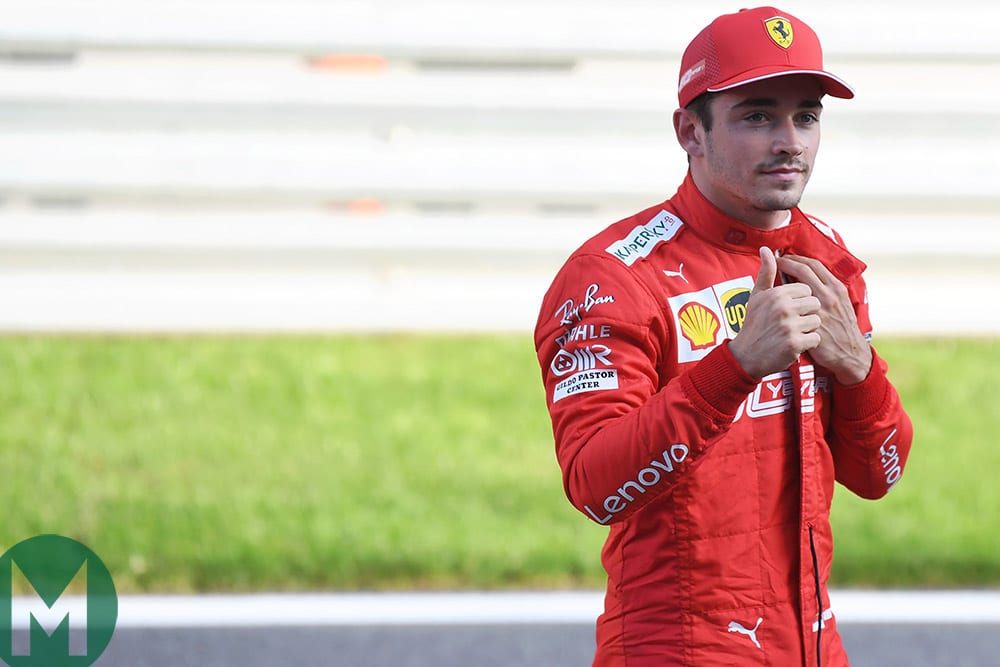 Charles Leclerc gives the thumbs up after qualifying on pole for the 2019 F1 Russian Grand Prix