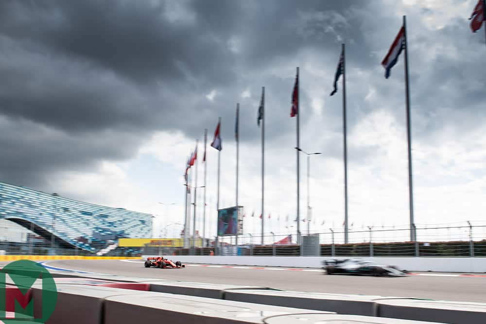 Charles Leclerc in Turn Three at the Sochi Autodrom during qualifying for the 2019 F1 Russian Grand Prix