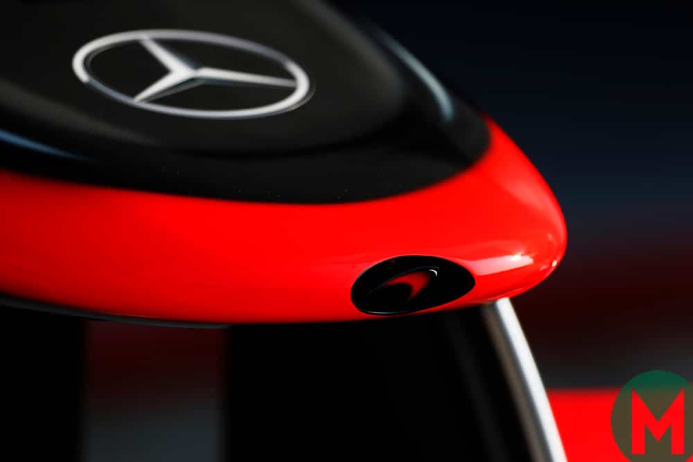 The nose of a McLaren-Mercedes car, showing the logos of both companies