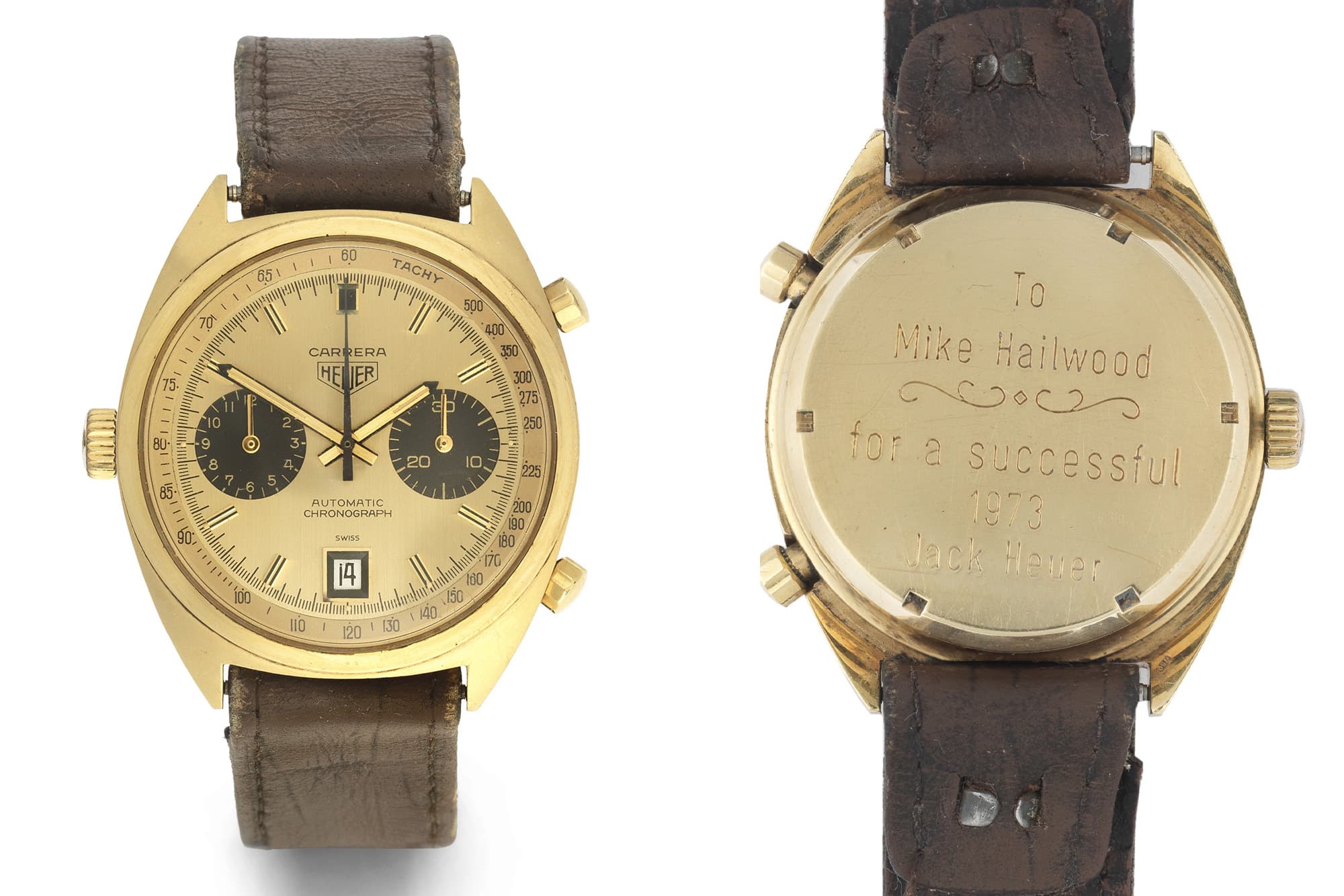 Mike Hailwood's Heuer 'Carrera' 1158 watch, which is being auctioned on October 18 2019
