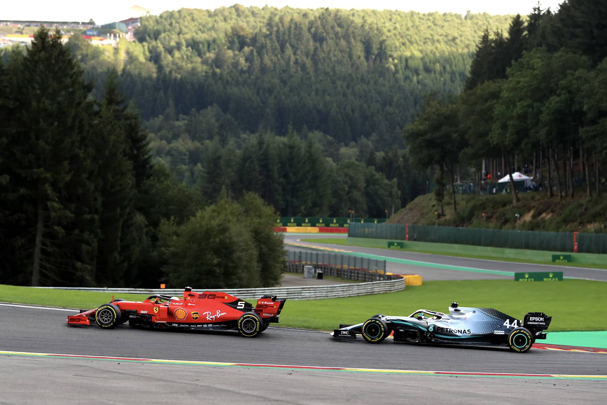 Sebastian Vettel holding off Lewis Hamilton during the 2019 Belgian Grand Prix