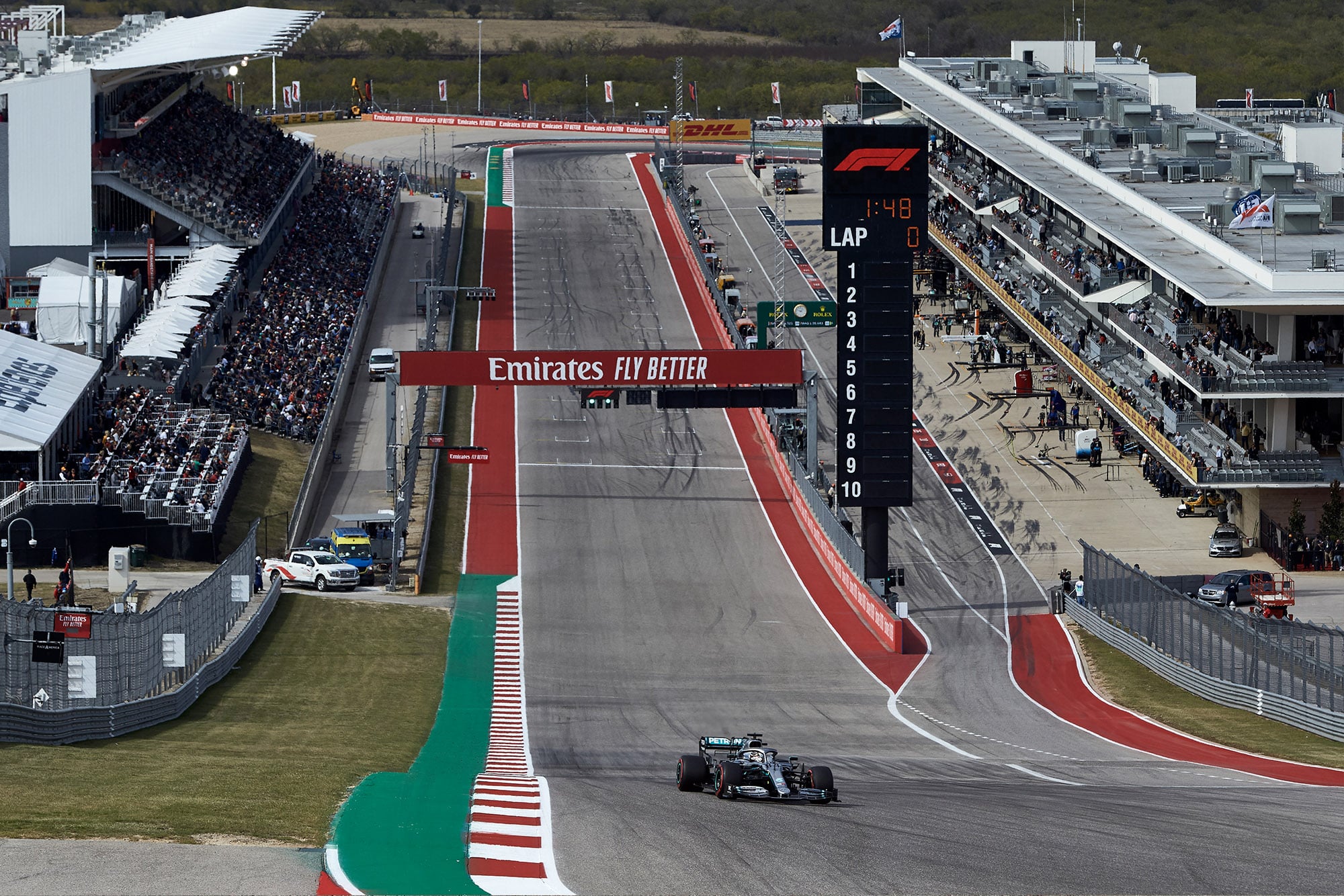 Lewis Hamilton drives up the hill to Turn One during qualifying for the 2019 US Grand Prix