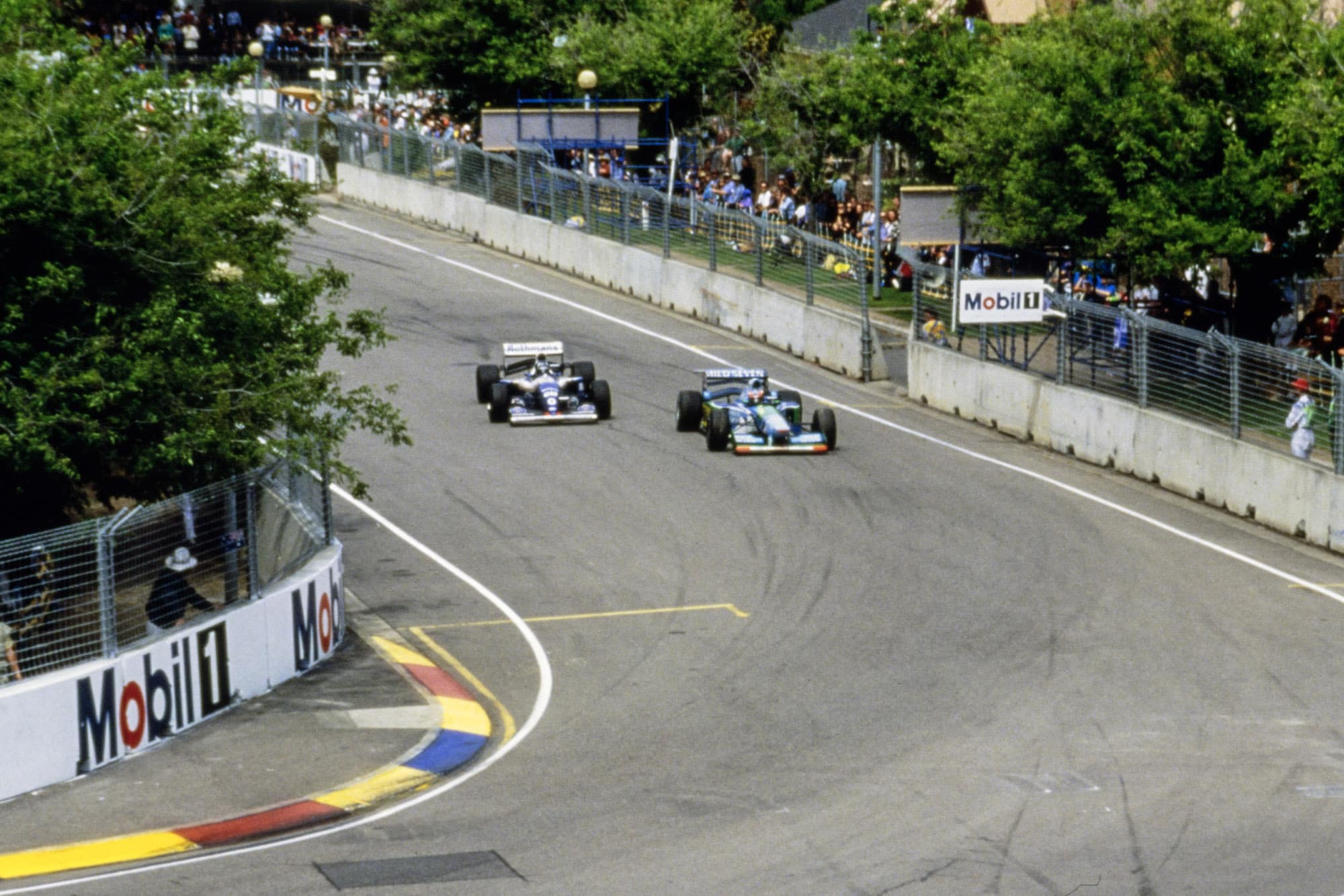 Michael Schumacher and Damon Hill moments before the crash that decided the 1994 F1 world title