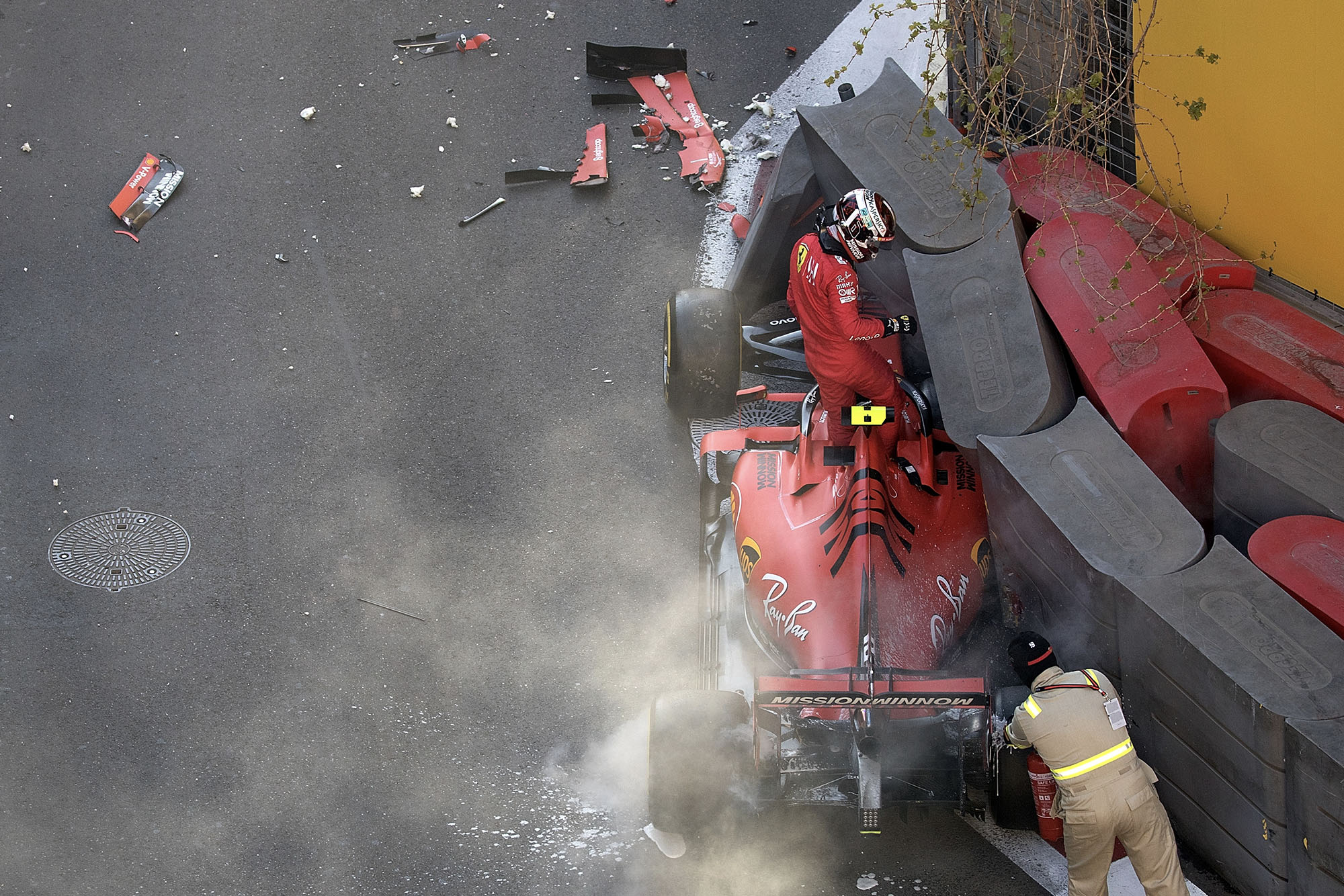Charles Leclerc gets out of his crashed SF90 during qualifying for the 2019 Azerbaijan Grand Prix