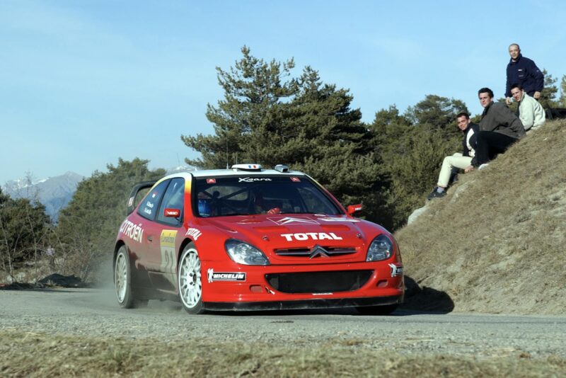 Sebastien Loeb rounds a corner in his Citroën WRC car during the 2002 Monte Carlo Rally
