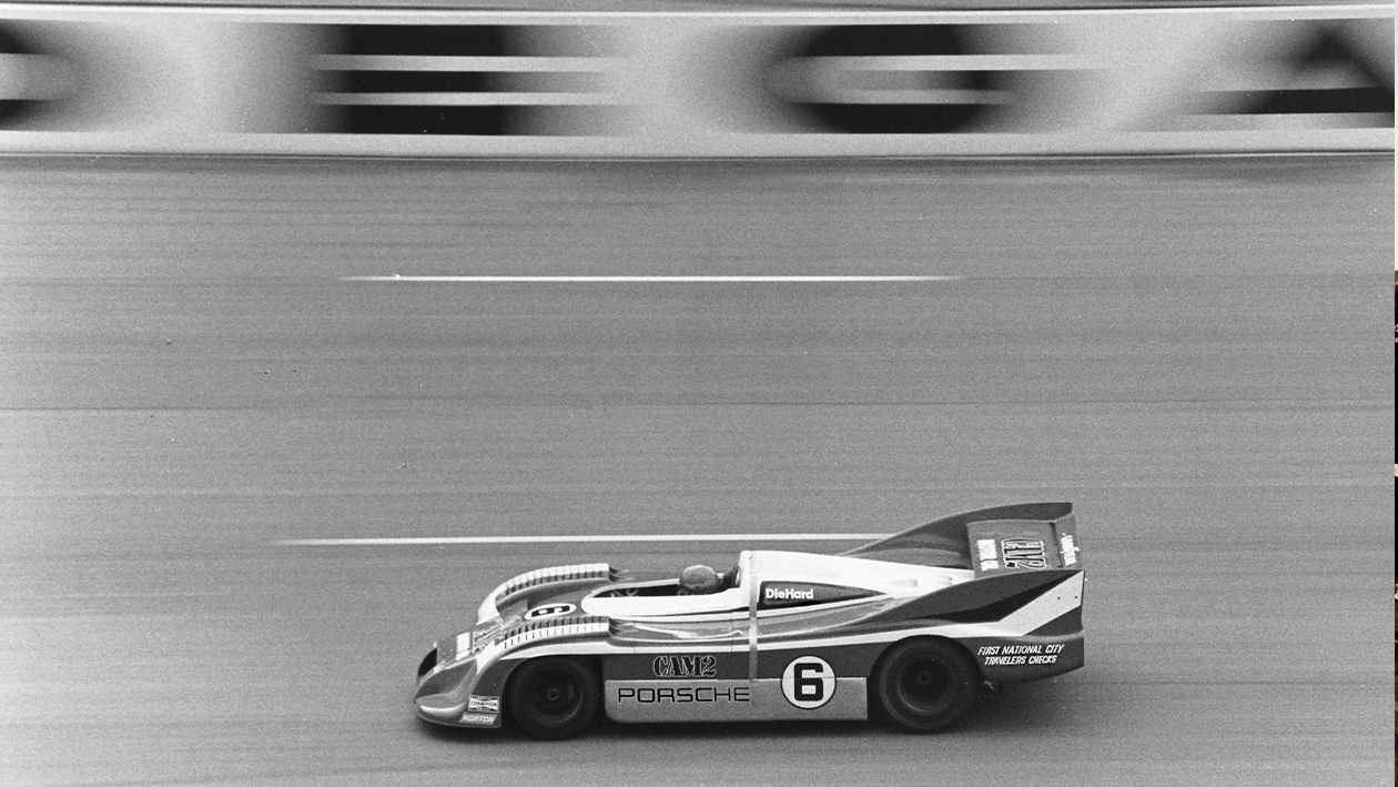 Mark Donohue in Porsche 917 at Talladega setting 221mph closed course record