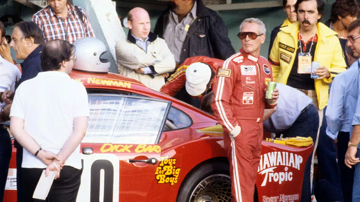 Paul Newman stands next to Porsche 935 at 1979 Le Mans 24 Hours