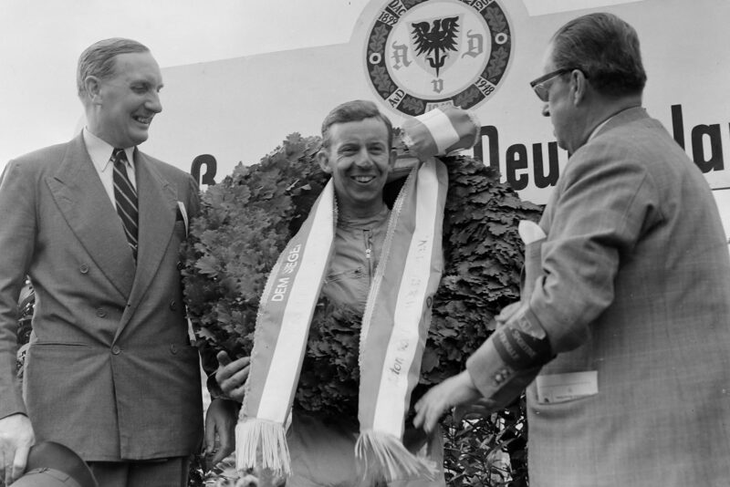 Tony Brooks celebrates winning the 1958 German Grand Prix