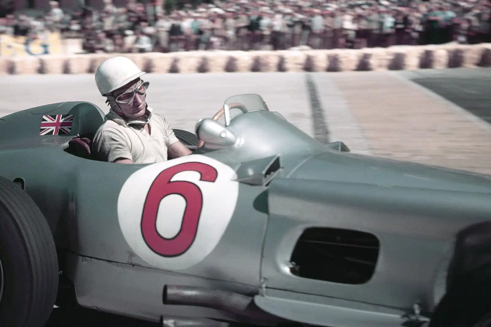 Stirlign Moss at the wheel of his Mercedes W196 at Monaco in 1955
