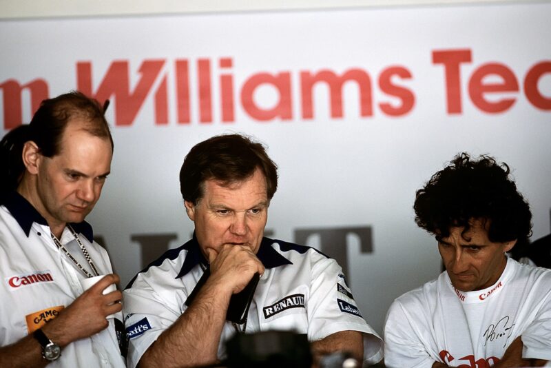 Adrian Newey and Patrick Head with Alain Prost at the 1993 San Marino Grand Prix