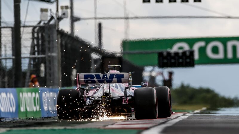 Sparks fly from the 2020 Racing Point RP20