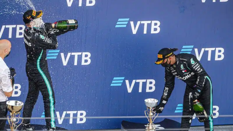 Valtteri Bottas and Lewis Hamilton on the podium after the 2020 F1 Russian Grand prix at Sochi