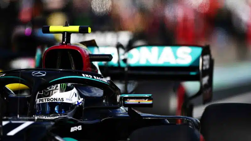 Close up of Valtteri Bottas in his Mercedes during the 2020 F1 Eifel Grand Prix at the Nurburgring