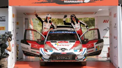 Elfyn Evans celebrates victory in Rally Turkey